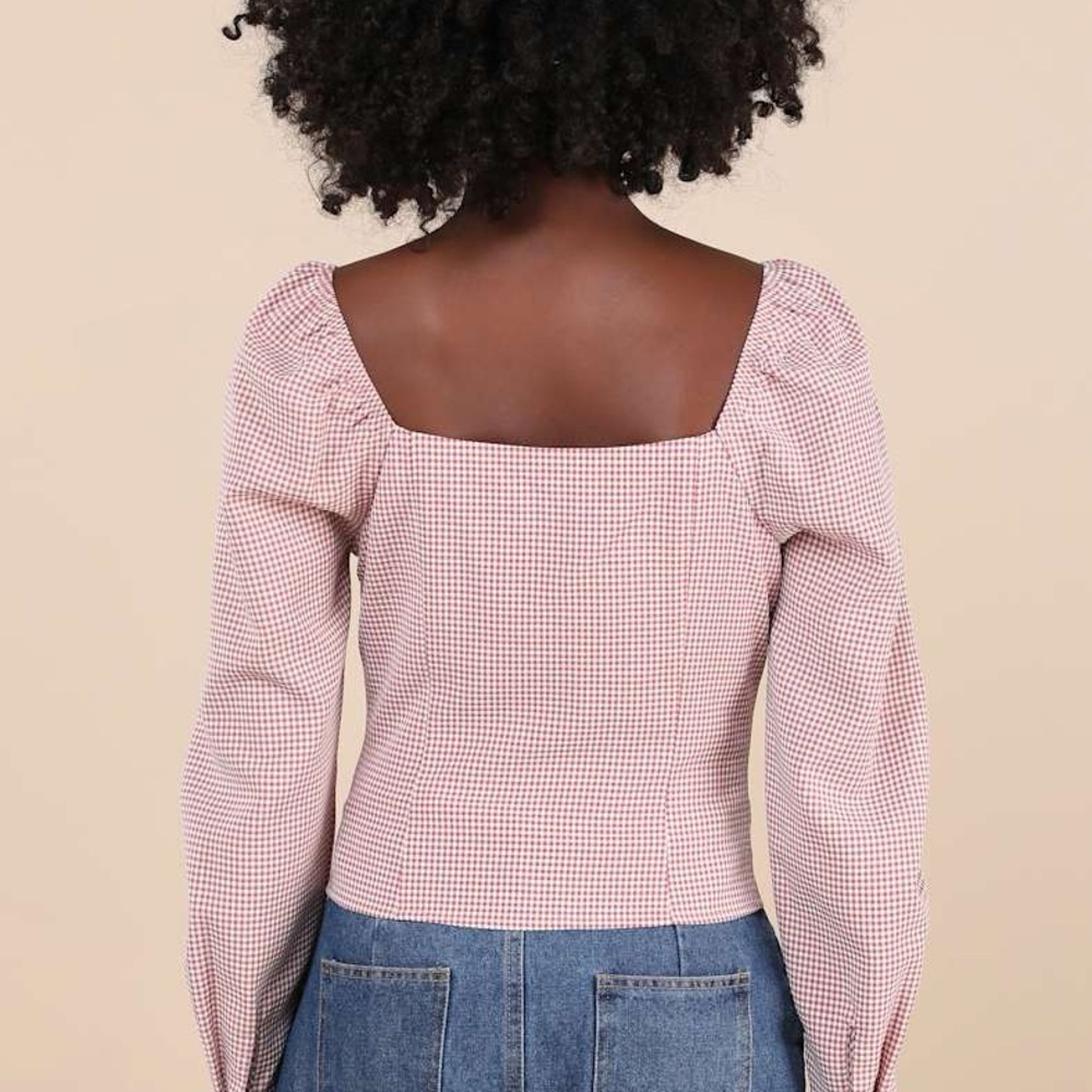 Lulus Demure and Sweet Terracotta Pink Gingham Button-Front Long Sleeve Top XL - Picture 3 of 10
